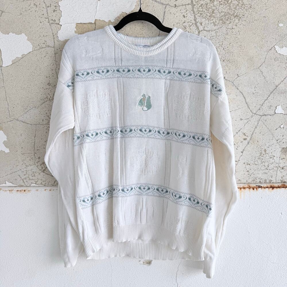 Vtg Cat Sweater Isle of Cotton USA Knit Cottagecore 90s‎ Novelty Grandmacore M